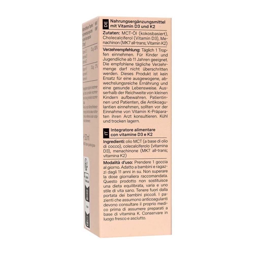 Verpackung mit Text. Aufschrift: nu3 Vitamin D3 + K2, 30 ml. Logos: Food, Health, Sport.