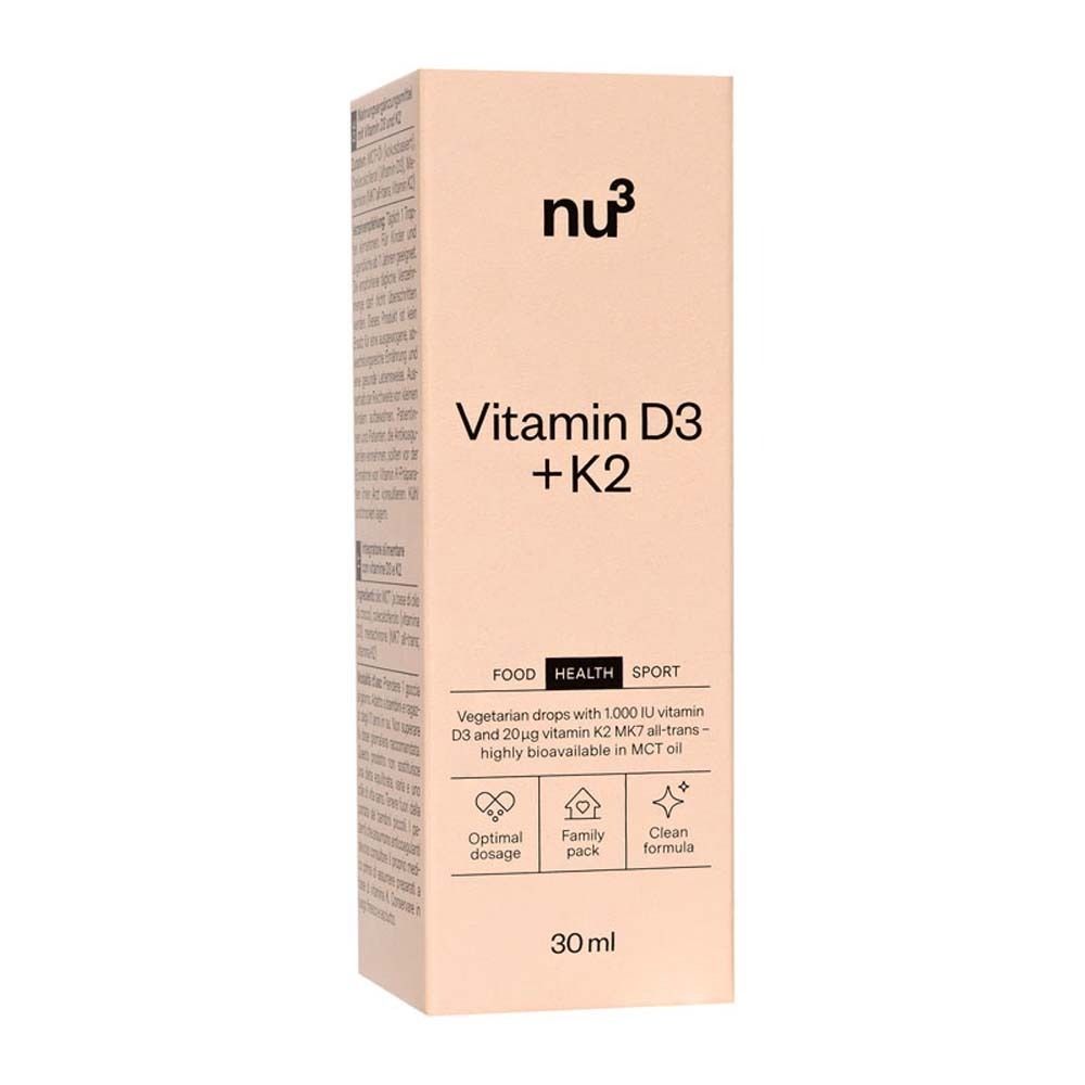 Braune Glasflasche mit Tropfer. Aufschrift: nu3 Vitamin D3 + K2, 30 ml.