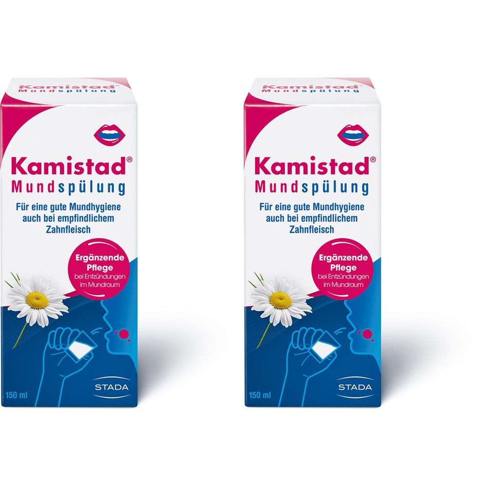 Zwei Kamistad Mundspülung-Verpackungen. Weiß-rosa Kartons mit Produktnamen, Logo und Illustrationen. STADA-Logo unten.