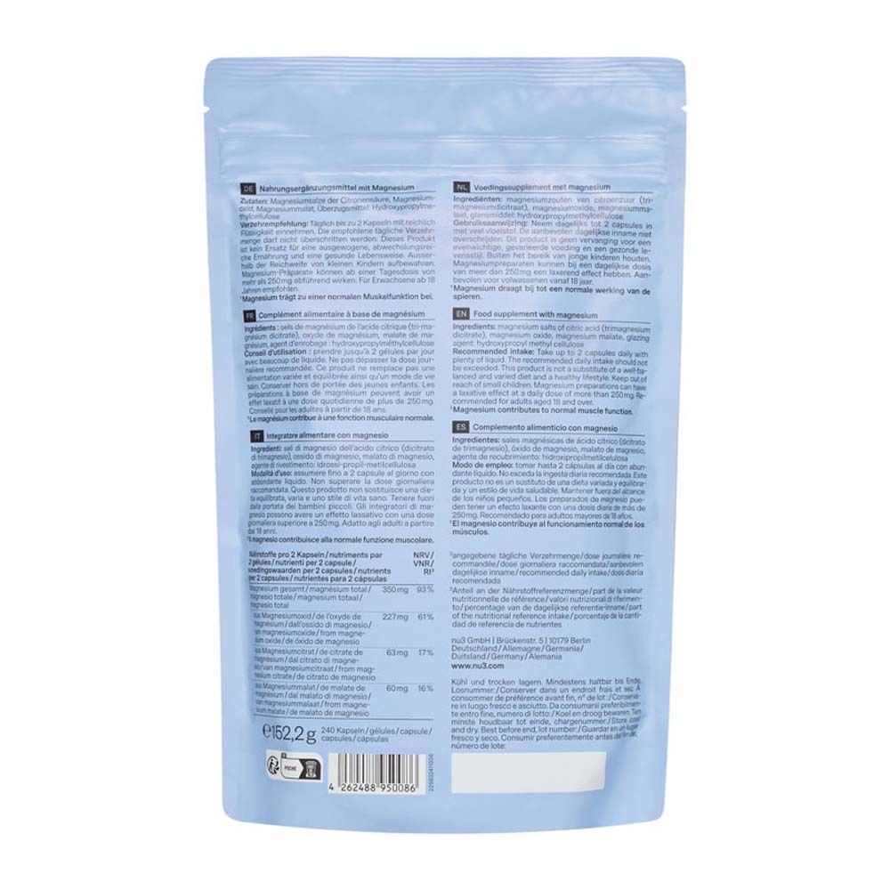Rückseite der hellblauen Beutelpackung mit „nu3 Magnesium Komplex“. Enthält Informationen zu Inhaltsstoffen, Nährwerten und Anwendung in mehreren Sprachen.
