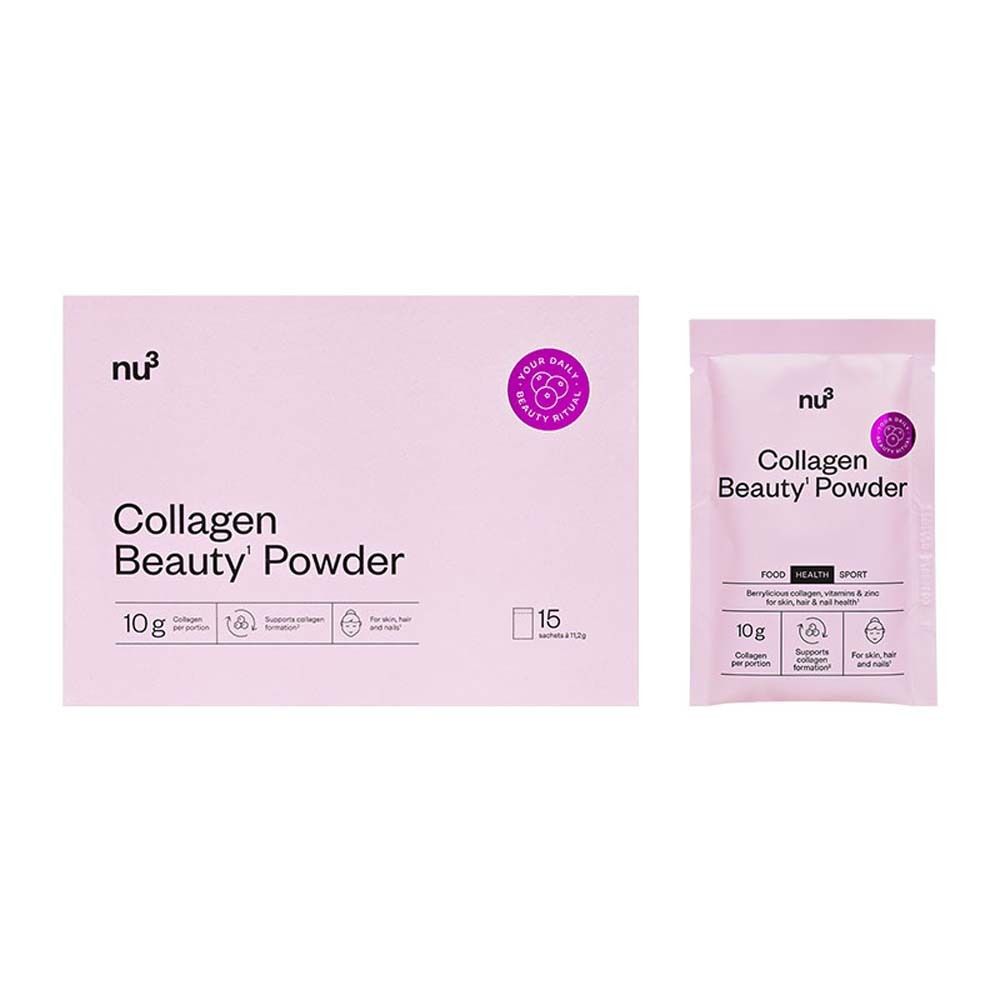 Rosa Verpackung mit nu3 Logo und Schriftzug Collagen Beauty' Powder. Enthält 15 Sachets.