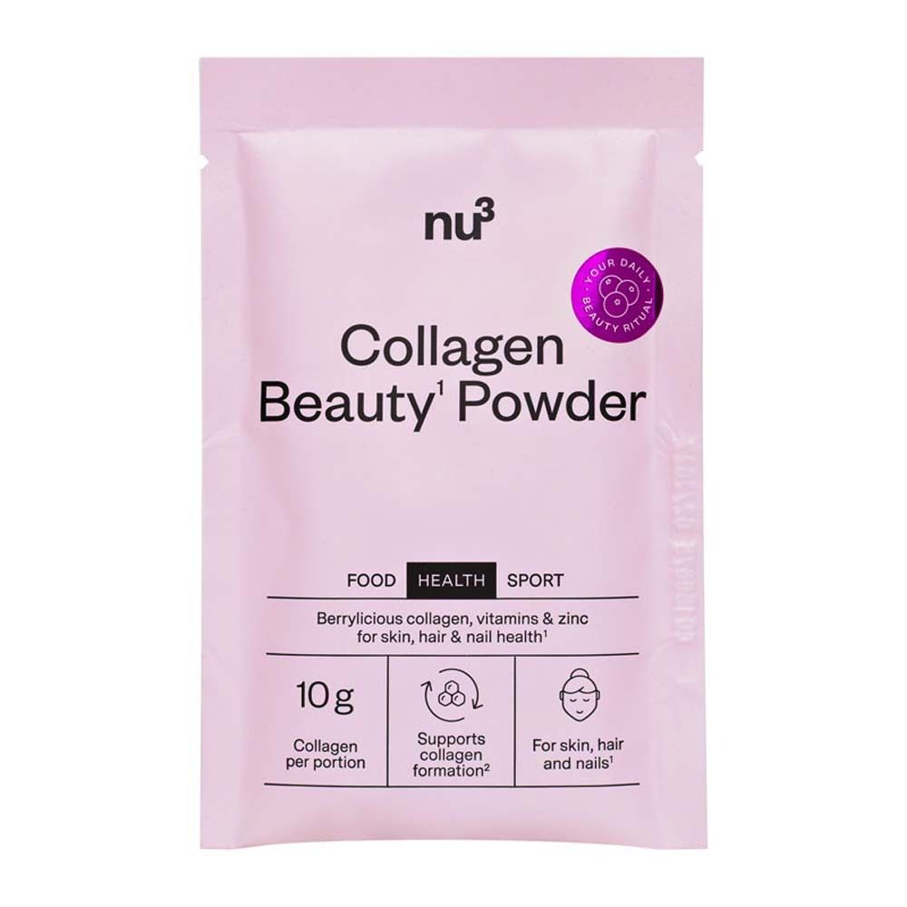 Rosa Sachet mit nu3 Logo und Schriftzug Collagen Beauty' Powder. Enthält 10g Pulver.