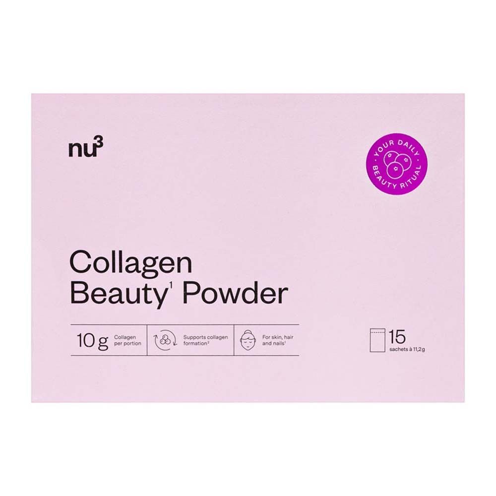 Rosa Verpackung mit nu3 Logo und Schriftzug Collagen Beauty' Powder. Enthält 15 Sachets.