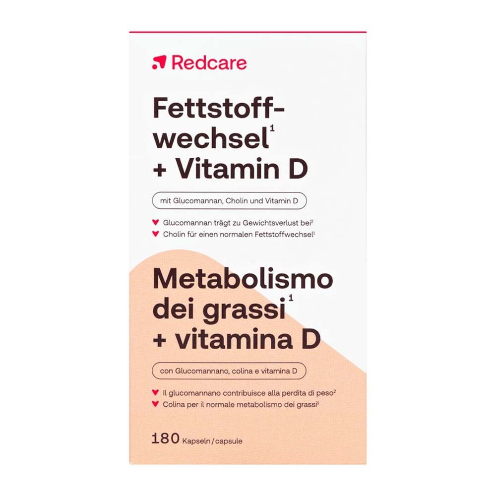 Verpackung Redcare Fettstoffwechsel + Vitamin D. Aufschrift in Deutsch und Italienisch. 180 Kapseln.