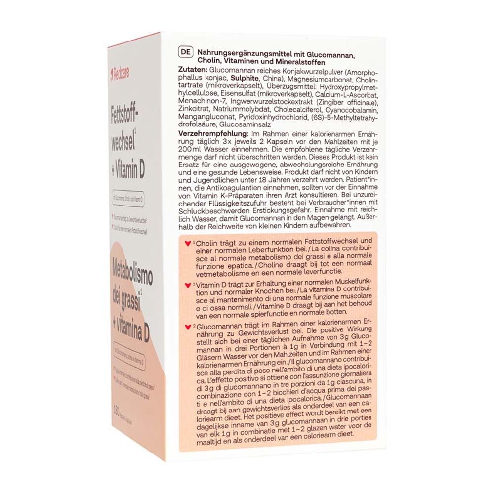 Rückseite der Verpackung Redcare Fettstoffwechsel + Vitamin D. Zutatenliste, Verzehrempfehlung und Nährwertangaben.
