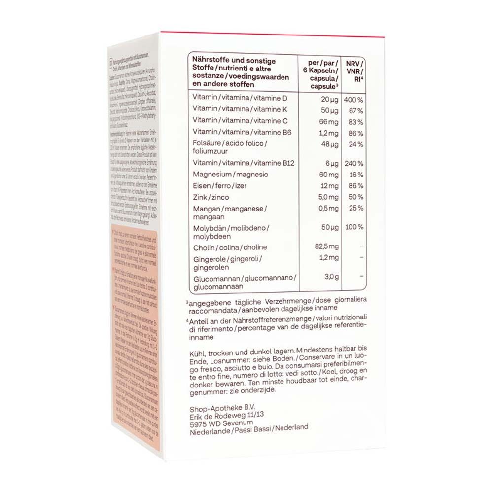 Nährwerttabelle auf der Verpackung Redcare Fettstoffwechsel + Vitamin D. Angaben pro 6 Kapseln und NRV.