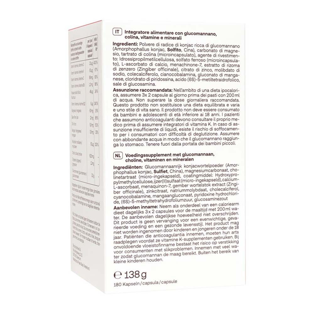 Rückseite der Verpackung Redcare Fettstoffwechsel + Vitamin D. Zutatenliste in Italienisch und Niederländisch.