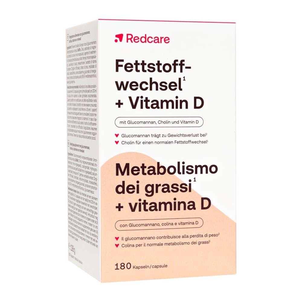 Verpackung Redcare Fettstoffwechsel + Vitamin D. Aufschrift in Deutsch und Italienisch. 180 Kapseln.