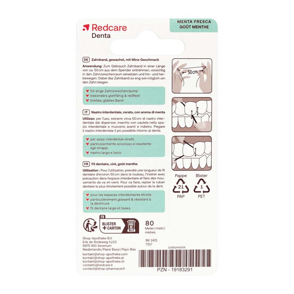 Rückseite der Redcare Denta Zahnband-Verpackung. Anweisungen in Deutsch und Italienisch. Illustrationen zur Anwendung.