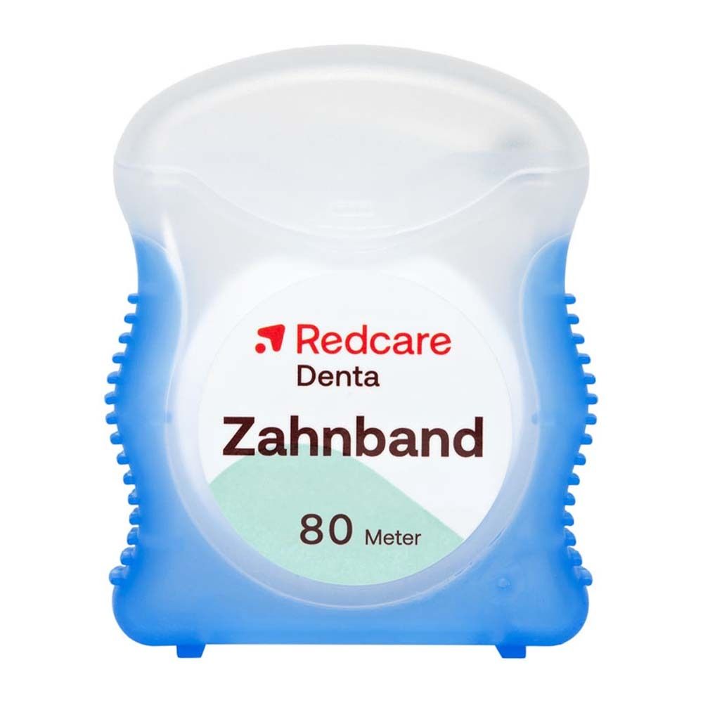 Redcare Denta Zahnband. Blaue, transparente Hülle mit weißem Kern. Aufschrift: 80 Meter.