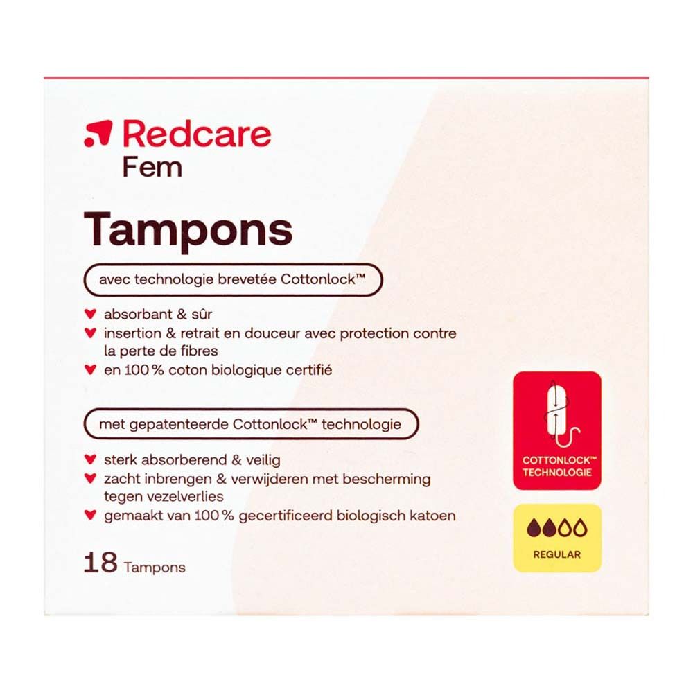 Verpackung von Redcare Fem Tampons. Aufschrift: Tampons, Cottonlock Technologie, 18 Stück. Produktmerkmale sind auf der Verpackung aufgeführt.