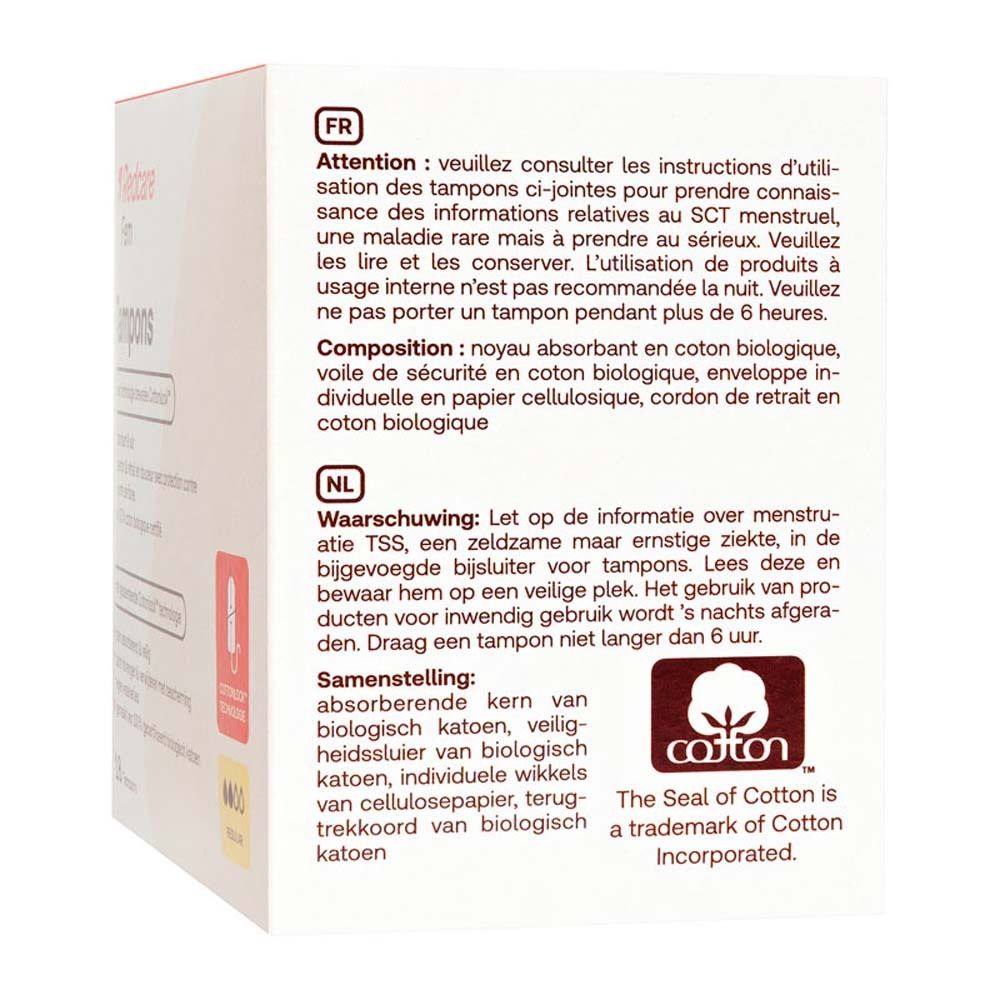 Rückseite der Tamponverpackung mit Text in Deutsch, Italienisch, Niederländisch und Französisch. Enthält Warnhinweise und Zusammensetzung.