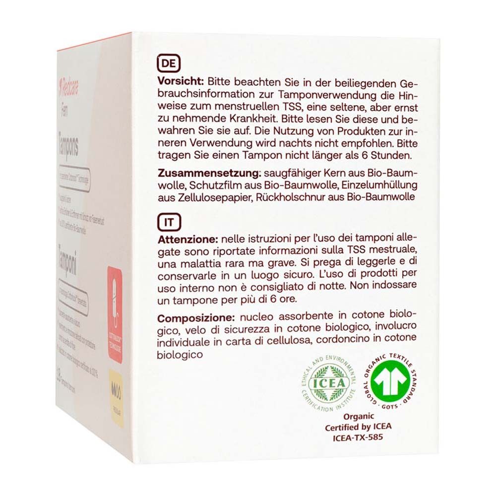 Rückseite der Tamponverpackung mit Text in Deutsch, Italienisch, Niederländisch und Französisch. Enthält Warnhinweise und Zusammensetzung.