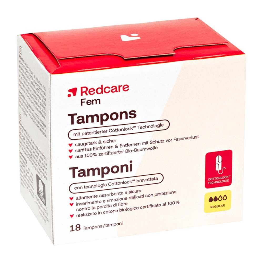 Verpackung von Redcare Fem Tampons. Aufschrift: Tampons, Cottonlock Technologie, 18 Stück. Produktmerkmale sind auf der Verpackung aufgeführt.