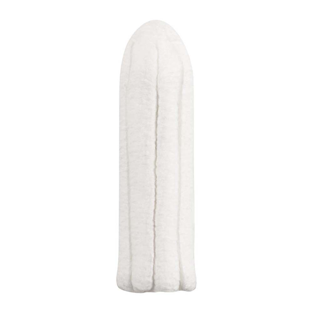 Unverpackter Tampon. Weiß, zylindrisch, mit geriffelter Oberfläche.
