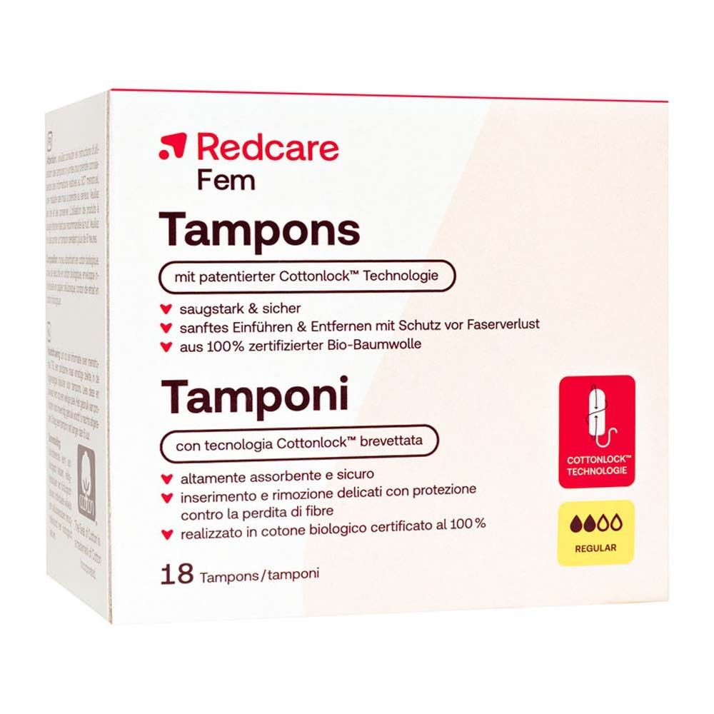 Verpackung Redcare Fem Tampons. Enthält 18 Tampons mit Cottonlock Technologie. Mit rotem Logo und Produktinformationen.