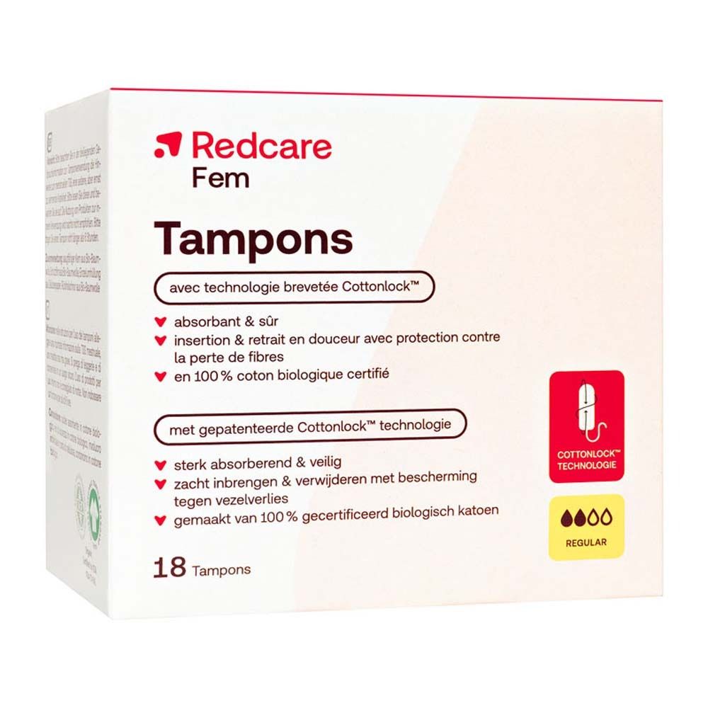 Verpackung Redcare Fem Tampons. Enthält 18 Tampons mit Cottonlock Technologie. Mit rotem Logo und Produktinformationen.