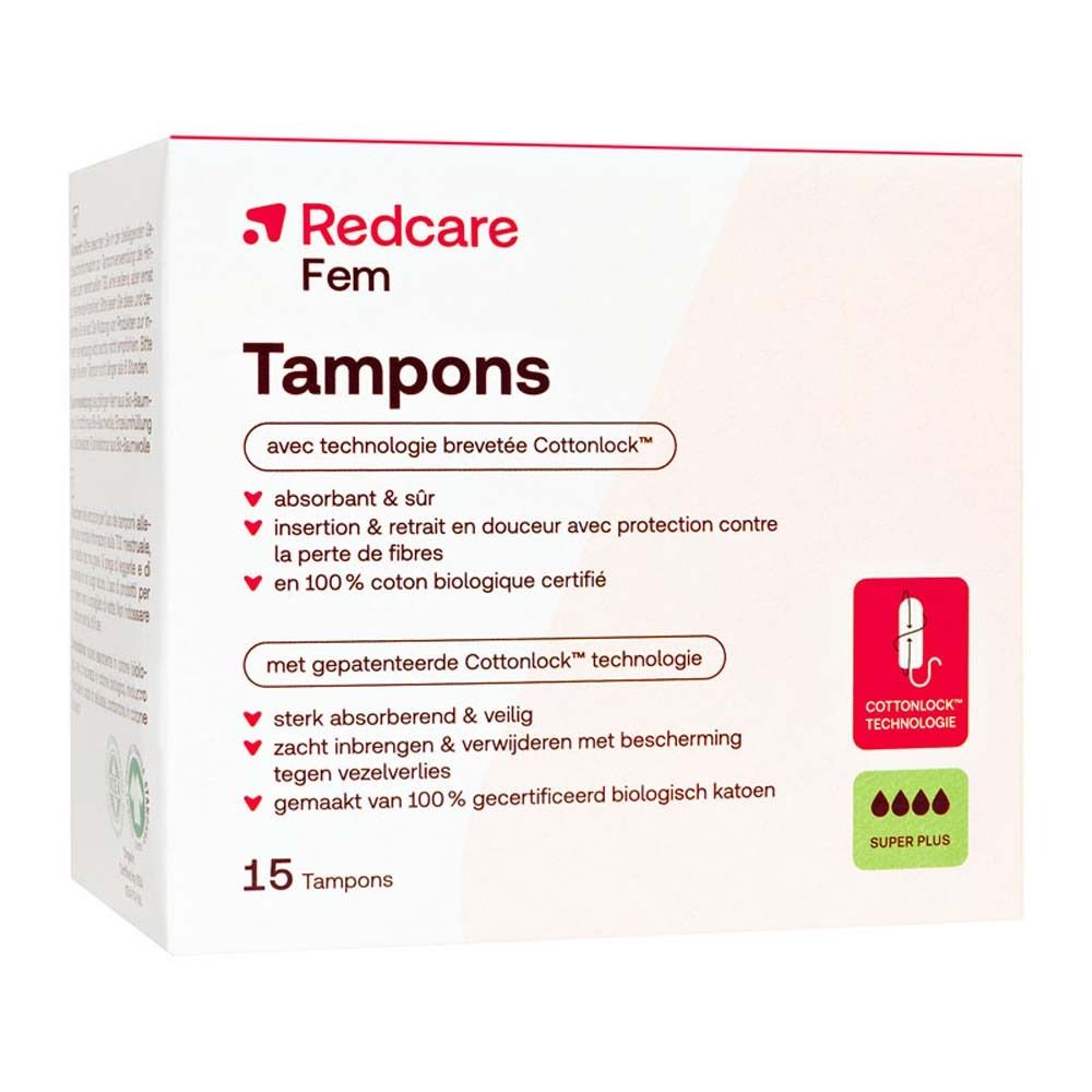 Verpackung von Redcare Fem Tampons. Rotes Logo, Produktname und Informationen in Französisch und Niederländisch. Super Plus.