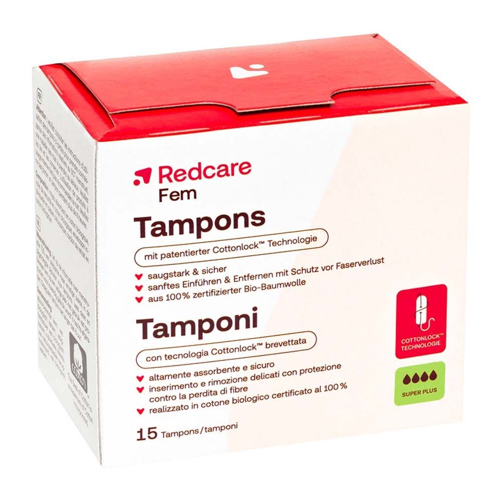 Verpackung von Redcare Fem Tampons. Enthält 15 Tampons. Mit Cottonlock Technologie und Super Plus Saugstärke.