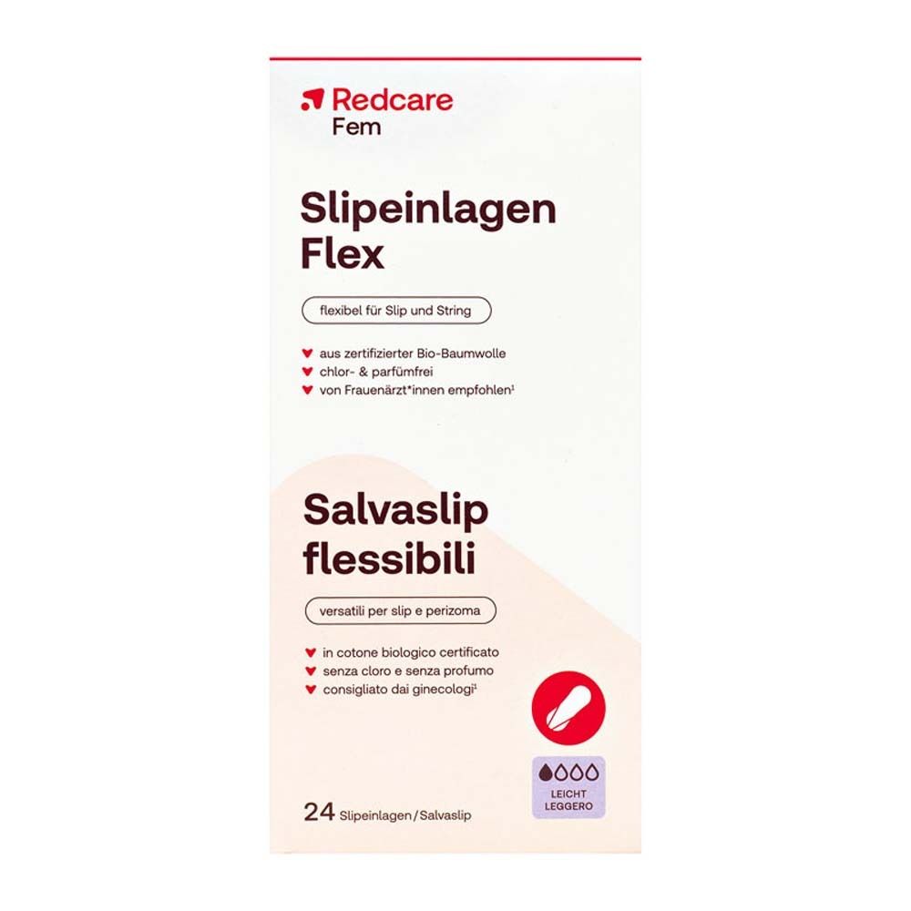 Packung Redcare Slipeinlagen Flex. Produktname, Logo und Produktmerkmale auf der Verpackung.