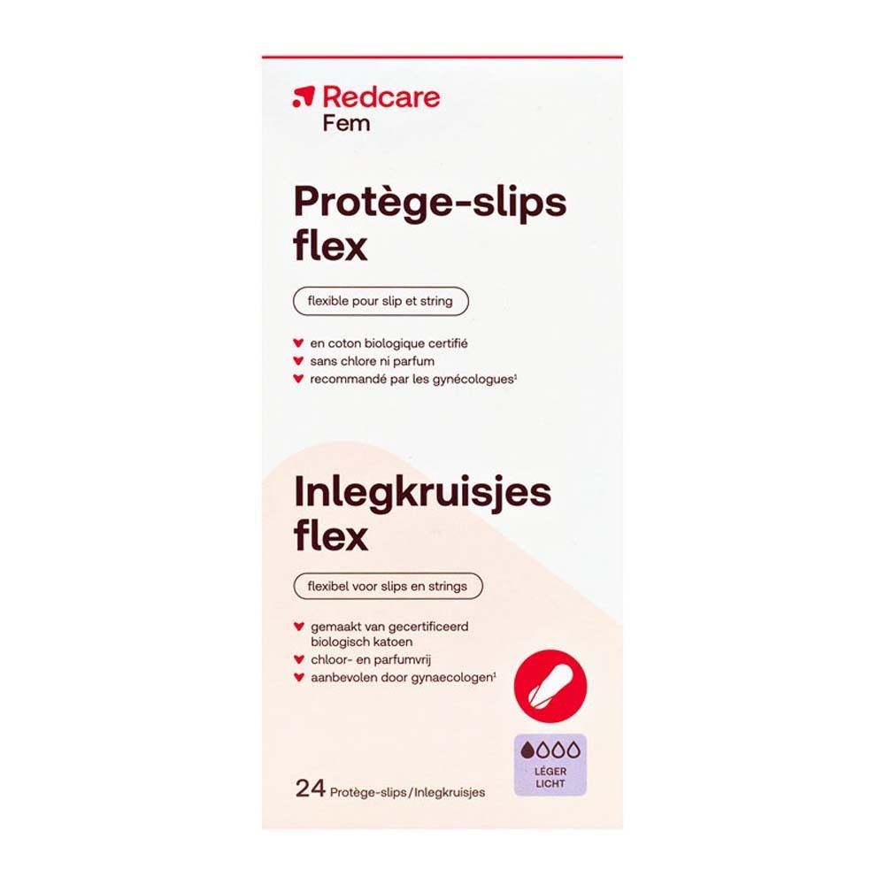 Packung Redcare Protège-slips Flex. Produktname, Logo und Produktmerkmale auf der Verpackung.