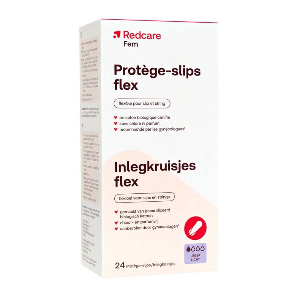 Packung Redcare Protège-slips Flex. Produktname, Logo und Produktmerkmale auf der Verpackung.