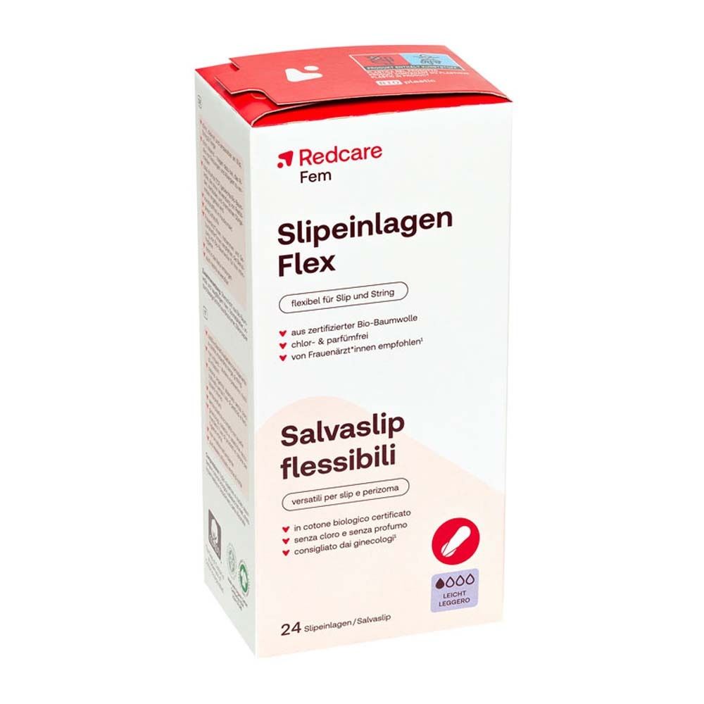 Packung Redcare Slipeinlagen Flex. Produktname, Logo und Produktmerkmale auf der Verpackung.