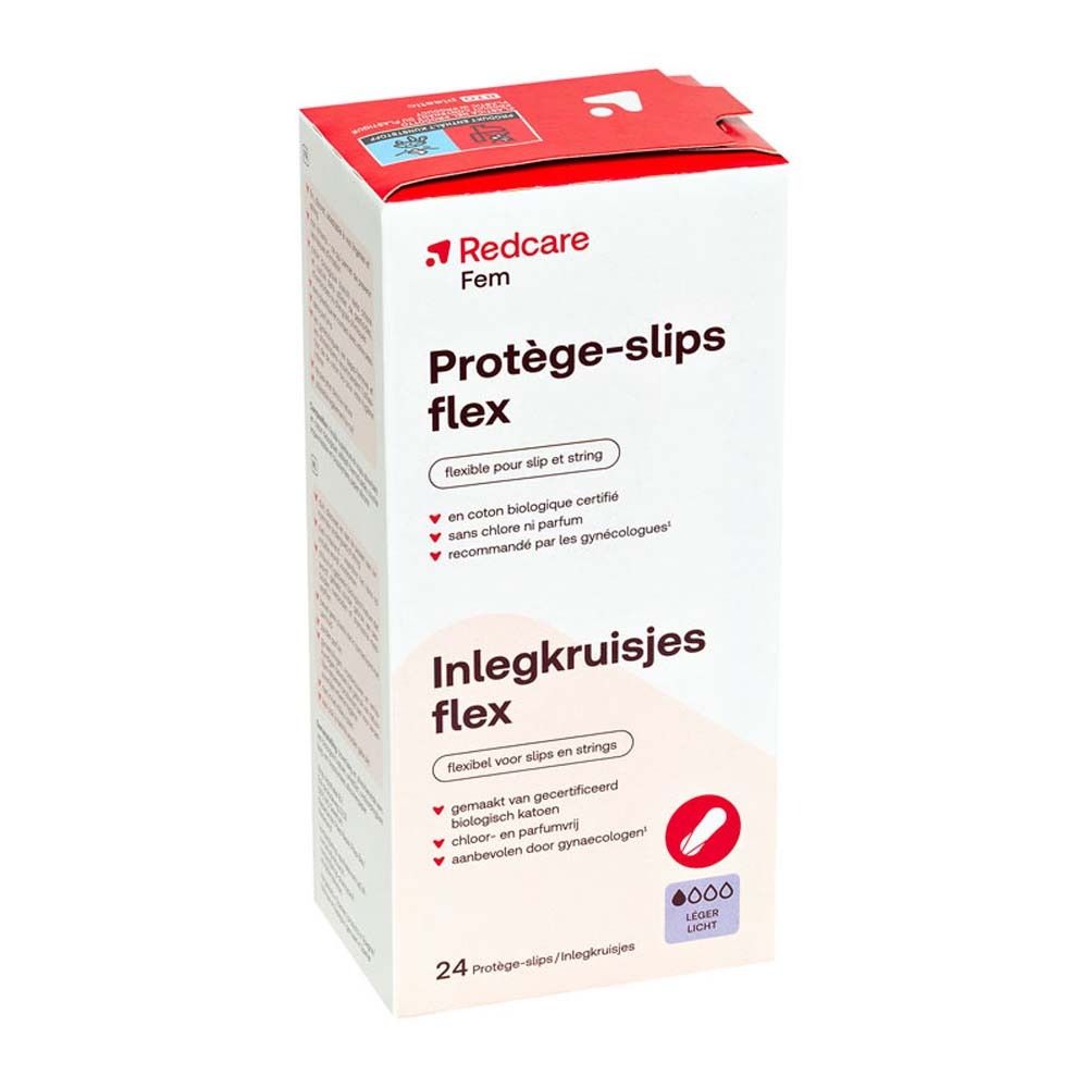 Packung Redcare Protège-slips Flex. Produktname, Logo und Produktmerkmale auf der Verpackung.