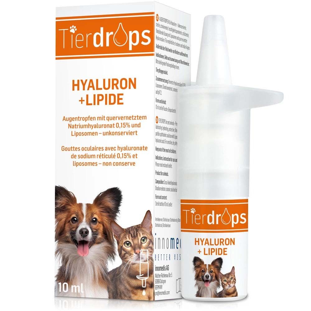 Augentropfen-Packung. Weißer Karton mit Produktnamen und Abbildungen von Hund und Katze.