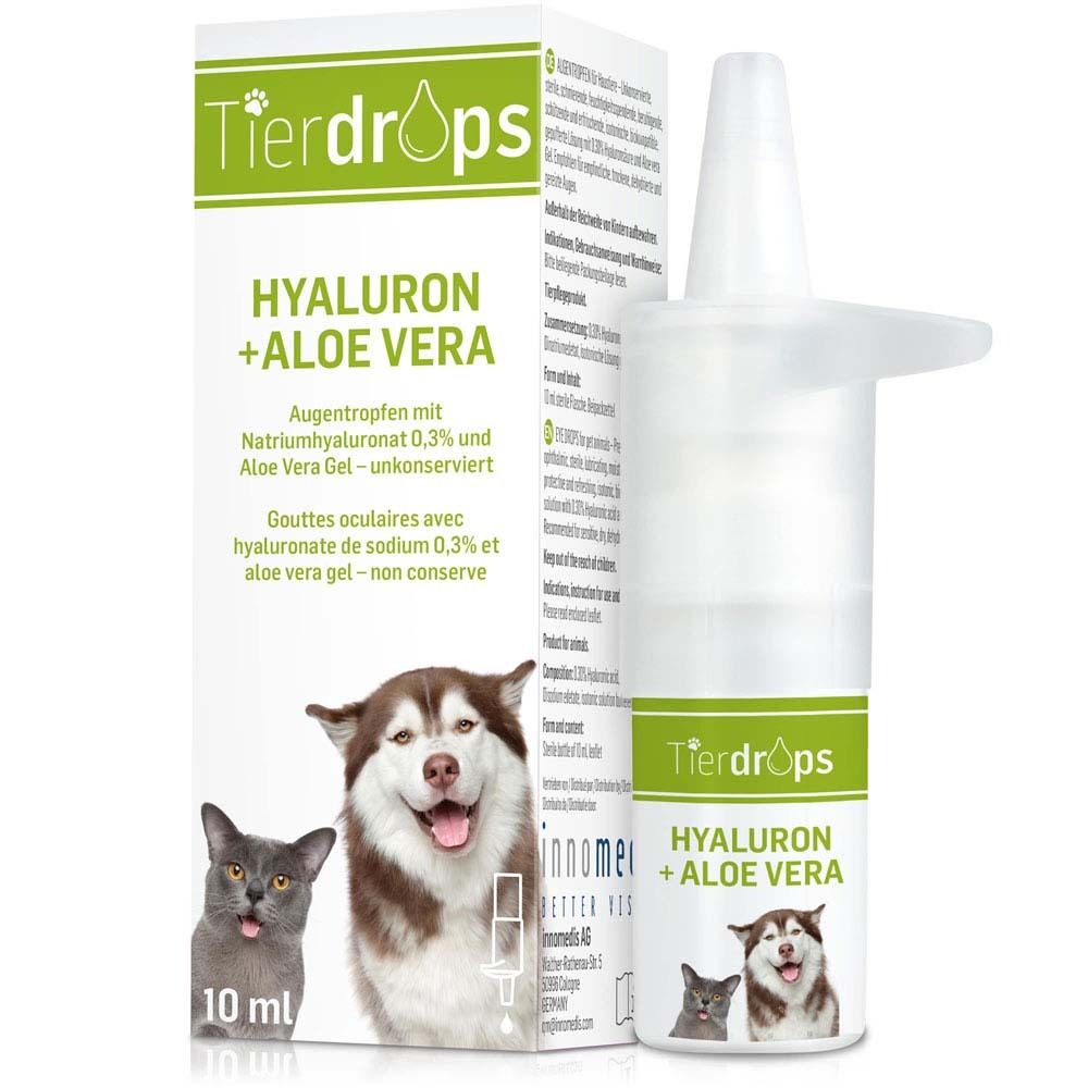 Augentropfen-Packung mit Produkt und Flasche. Aufschrift: Tierdrops Hyaluron + Aloe Vera. Hunde- und Katzenabbildung.