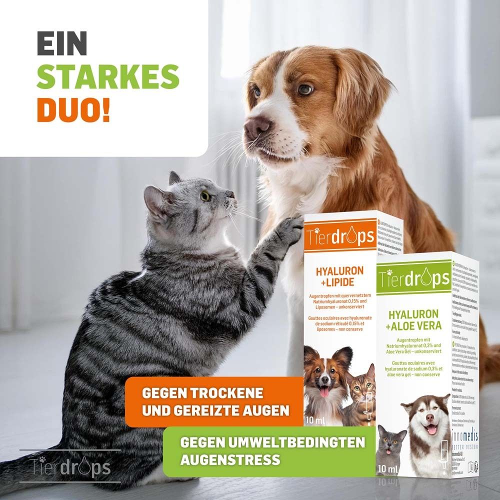 Katze und Hund mit Produkt. Text: Gegen trockene und gereizte Augen. Gegen umweltbedingten Augenstress. 10 ml Flaschen.