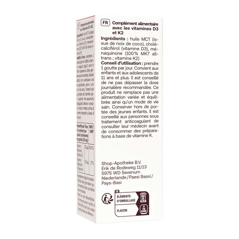 Rückseite der Verpackung Redcare Vitamin D3 + K2. Text in Deutsch und Italienisch. Enthält Informationen zu Inhaltsstoffen und Anwendung.