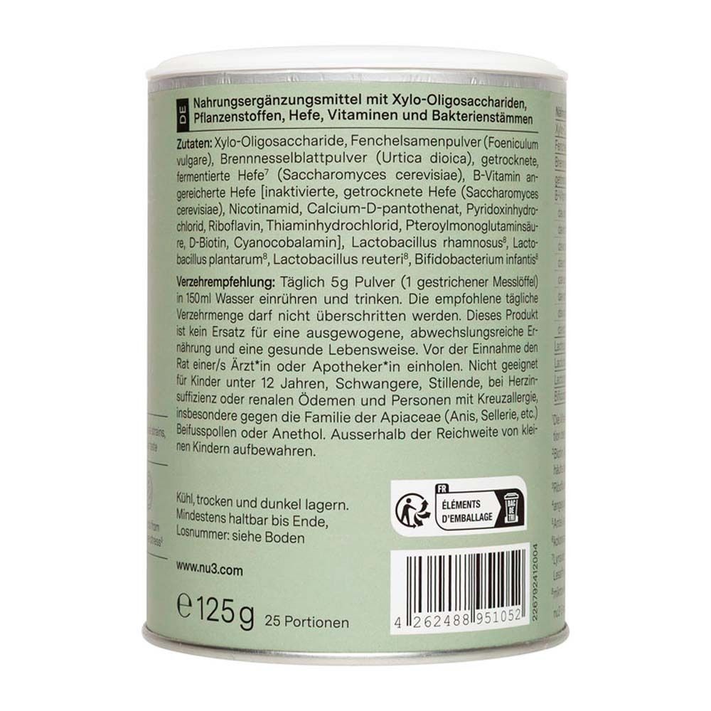 Rückseite der Dose. Auflistung der Inhaltsstoffe, Nährwerte und Verzehrempfehlung. Enthält Xylo-Oligosaccharide, Hefe, Vitamine.