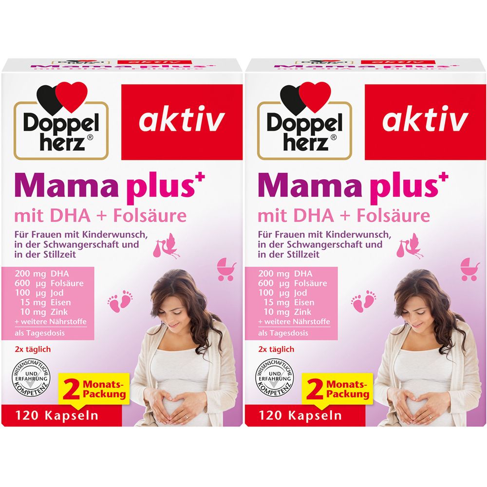 Zwei Packungen Doppelherz aktiv Mama plus+ mit DHA + Folsäure. Aufdrucke: 2 Monats-Packung, 120 Kapseln. Abbildung einer schwangeren Frau.