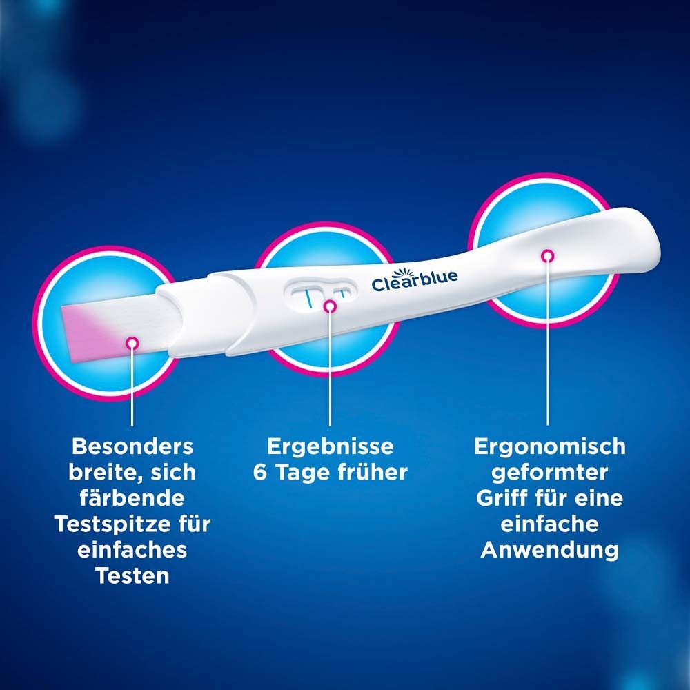 Schwangerschaftstest mit hervorgehobenen Merkmalen. Breite Testspitze, Ergebnis 6 Tage früher, ergonomischer Griff.