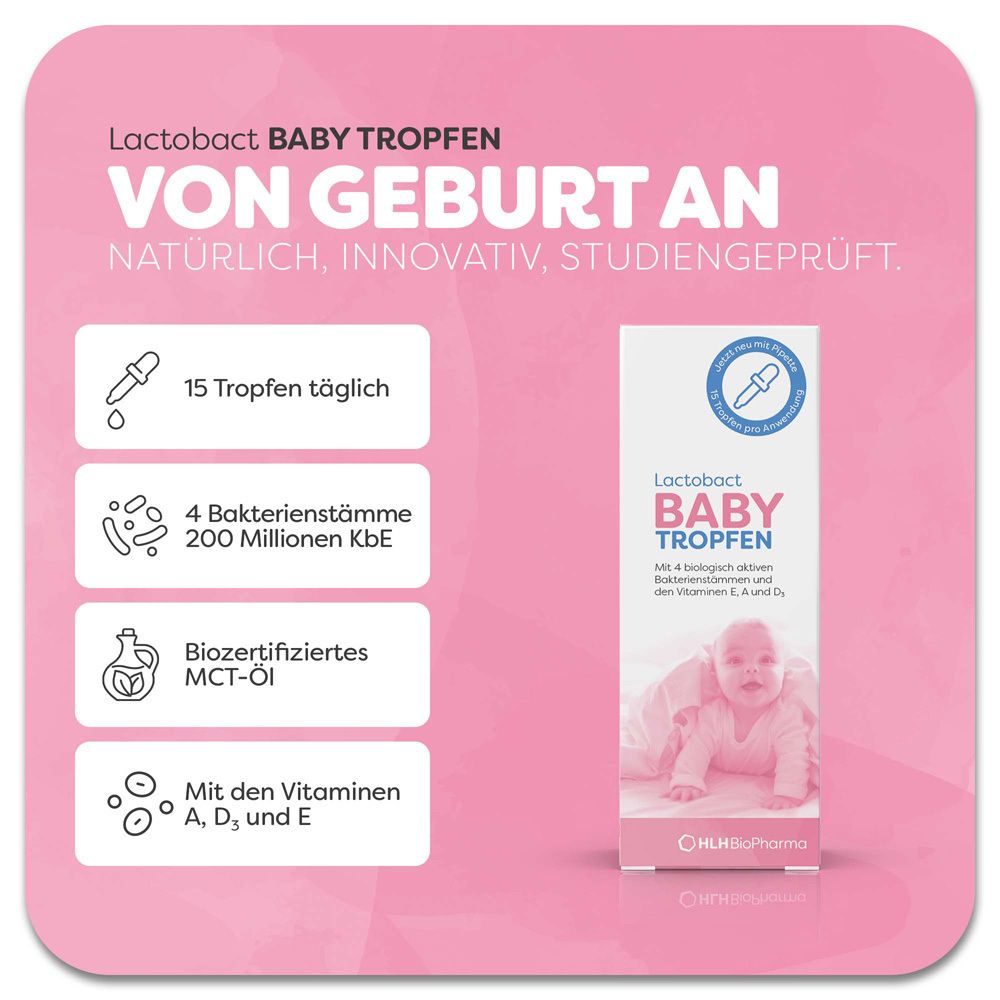 Rosa Hintergrund mit Produktverpackung. Lactobact BABY TROPFEN. Ab Geburt. 15 Tropfen täglich. Mit Vitaminen A, D3 und E.