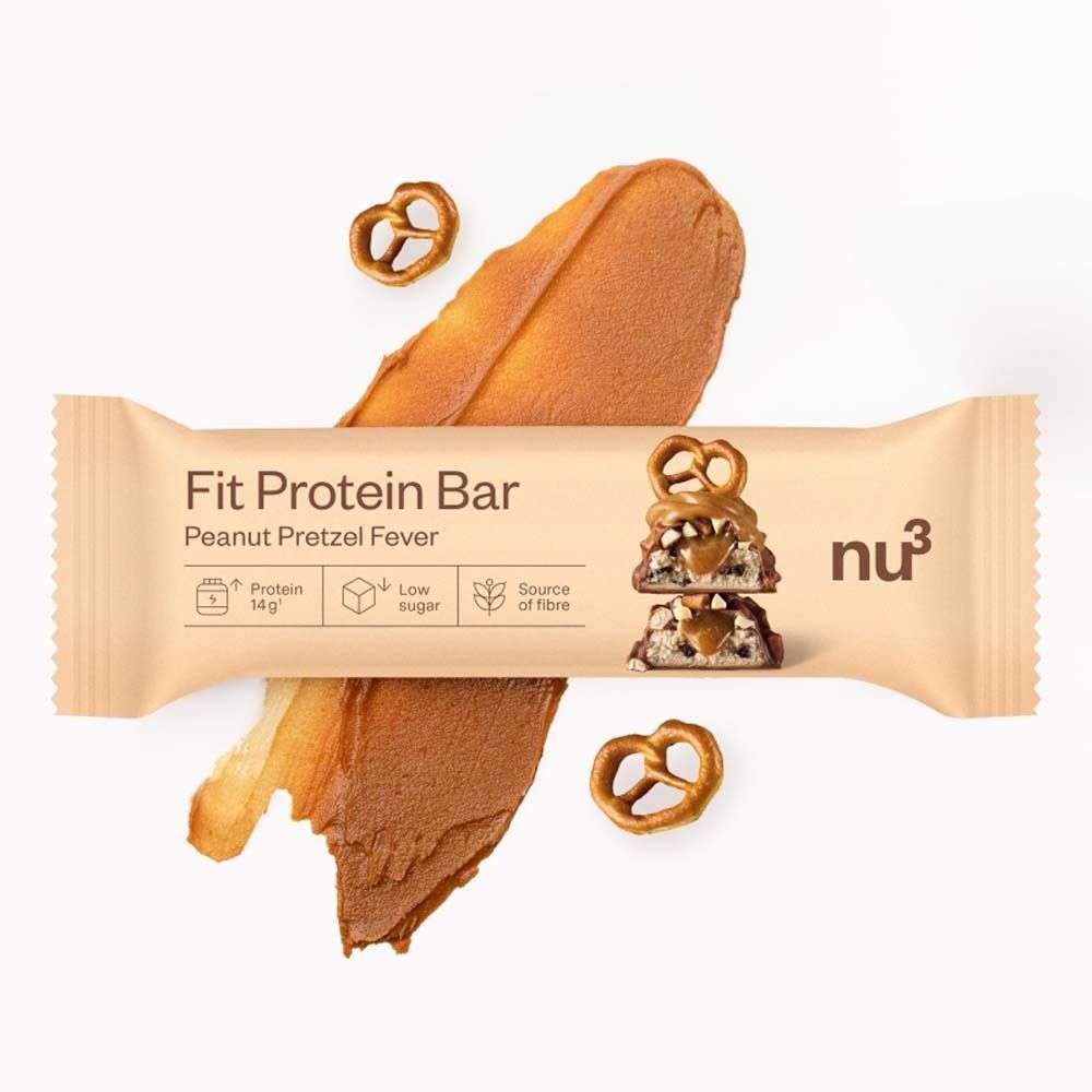 Proteinriegel mit Erdnuss-Salzbrezel-Geschmack. Verpackung mit Produktabbildung und nu3-Logo.