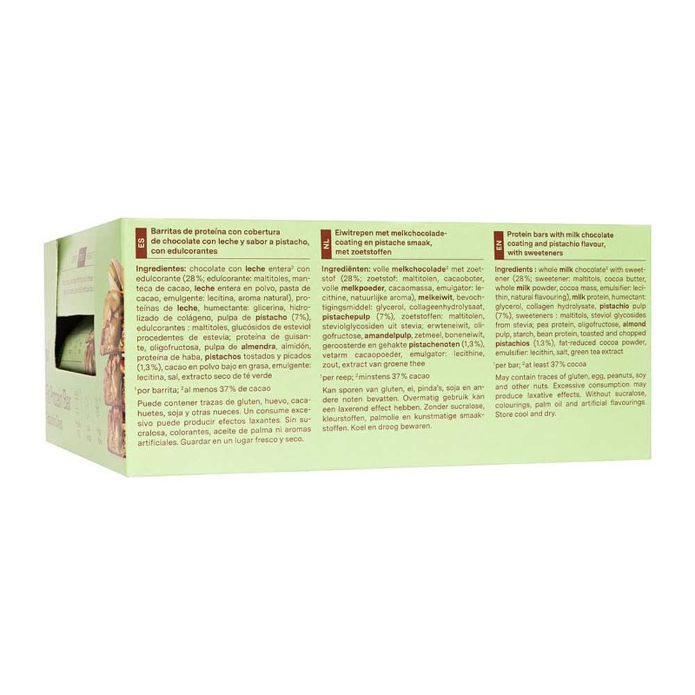 Rückseite der Verpackung mit Zutatenlisten und Nährwertangaben für Proteinriegel. Text in Deutsch, Niederländisch und Englisch.