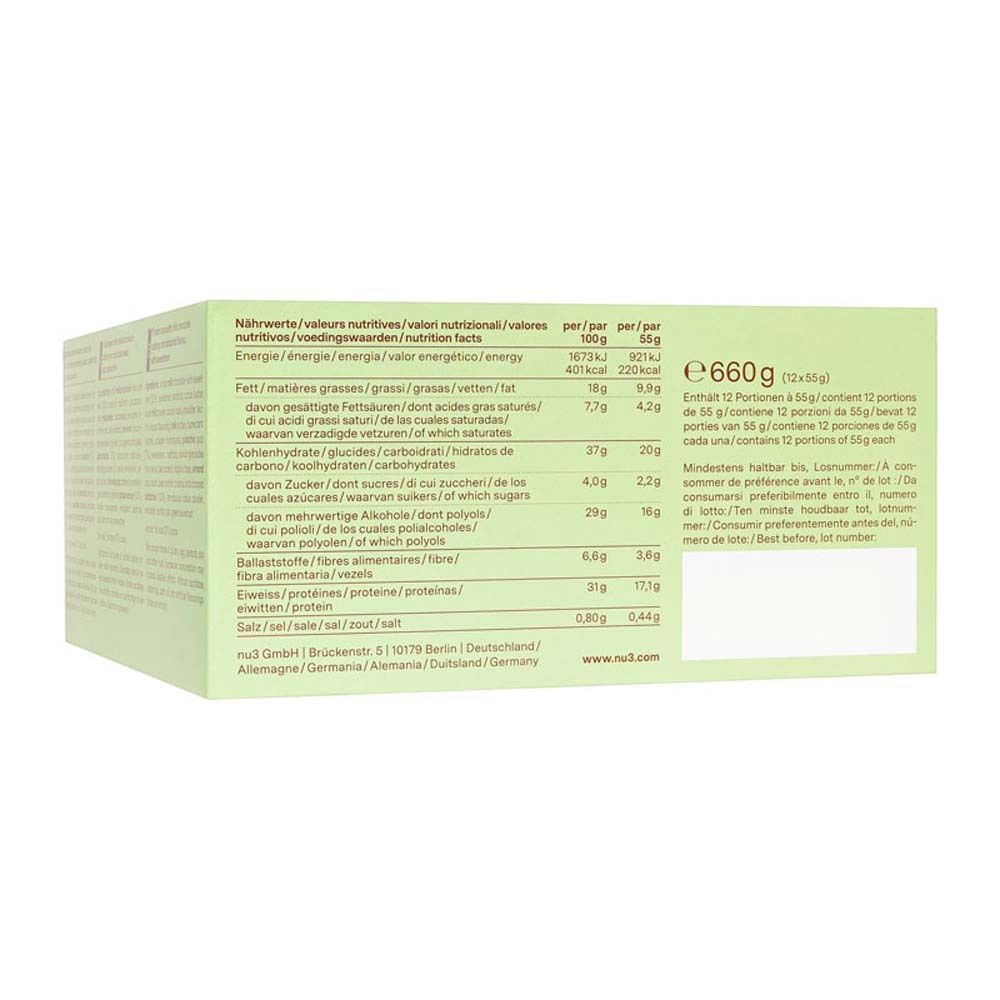 Rückseite der Verpackung mit Nährwertangaben für Proteinriegel. Text in Deutsch, Französisch, Italienisch und Englisch.