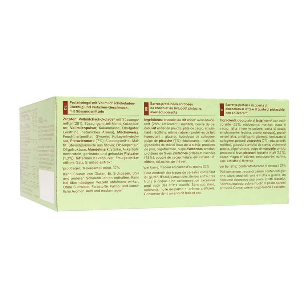 Rückseite der Verpackung mit Zutatenlisten und Nährwertangaben für Proteinriegel. Text in Deutsch, Französisch, Italienisch und Englisch.