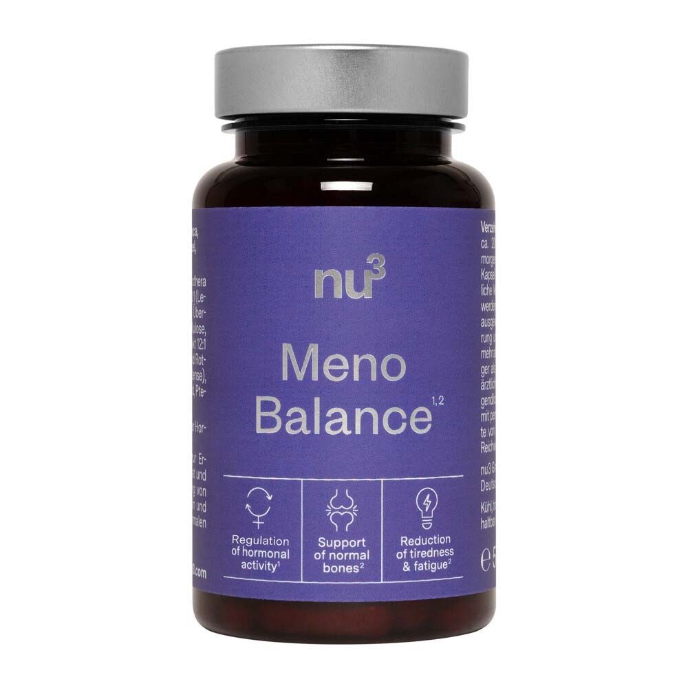 Braune Flasche mit silbernem Deckel. Aufschrift: Meno Balance. Marke: nu3. Lila Etikett mit Produktinformationen.