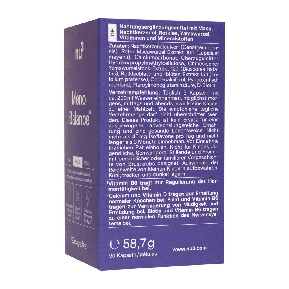 Rückseite der Schachtel. Aufschrift: Meno Balance. Marke: nu3. Inhaltsstoffe und Anwendungshinweise in Deutsch.