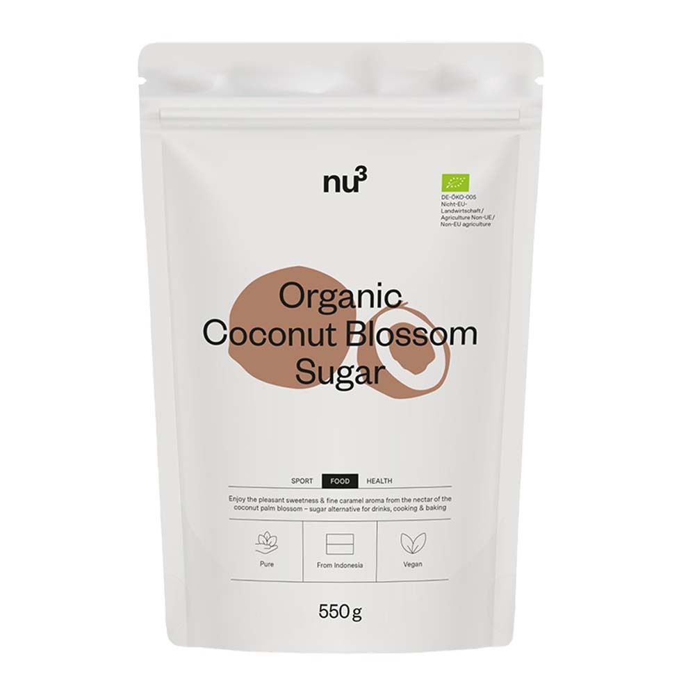 Weiße Verpackung mit nu3-Logo und Aufschrift "Organic Coconut Blossom Sugar". Bio-Siegel, 550g. Illustration einer Kokosnuss.