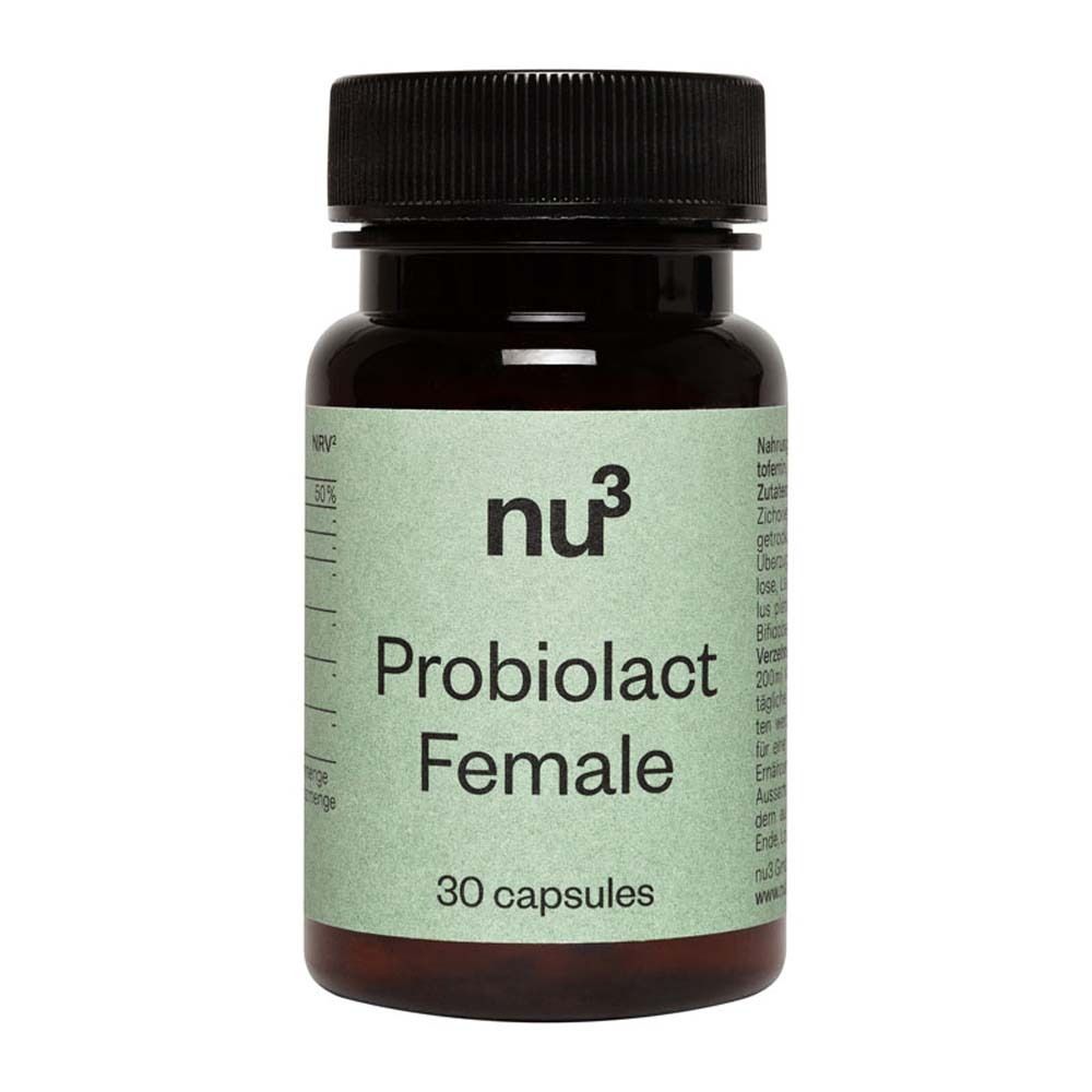 Eine braune Flasche mit schwarzem Deckel. Auf dem Etikett steht "nu3 Probiolact Female" und weitere Produktinformationen.