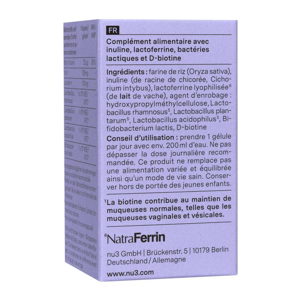 Packung und Flasche nu3 Probiolact Female nebeneinander.