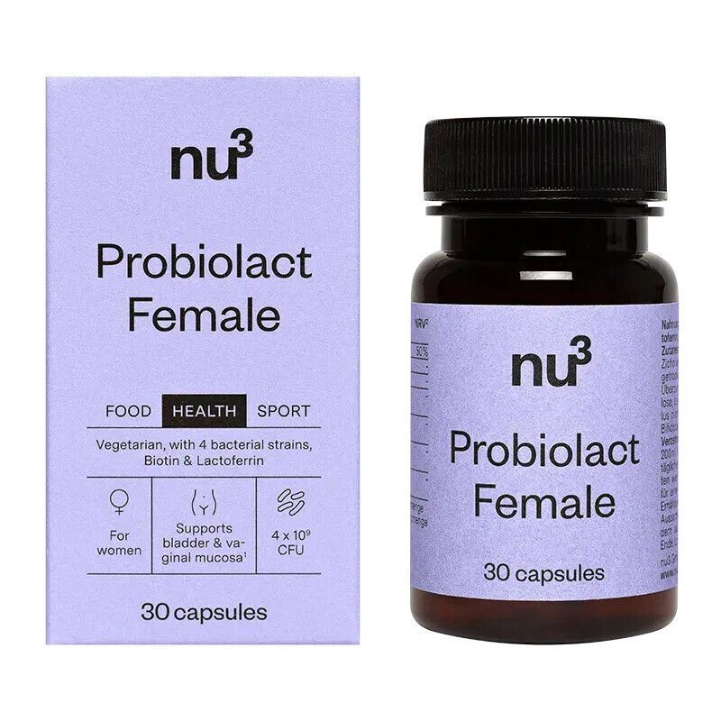 Produktbild von nu3 Probiolact Female mit einer Flasche und Kapseln.