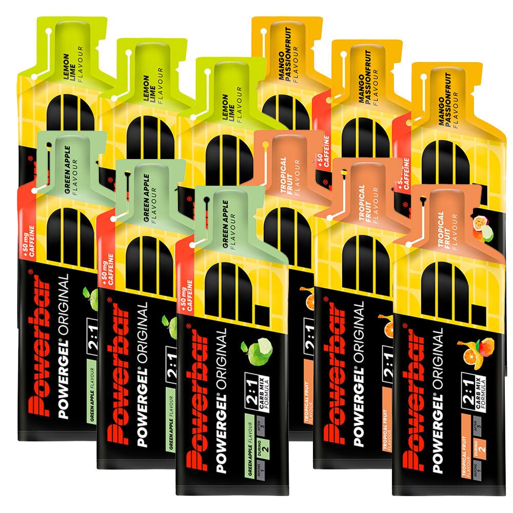 Mehrere PowerBar PowerGel-Beutel, verschiedene Geschmacksrichtungen. Grün, gelb und orangefarbene Verpackungen. Aufschrift: PowerGel Original, 2:1 Carb Mix.