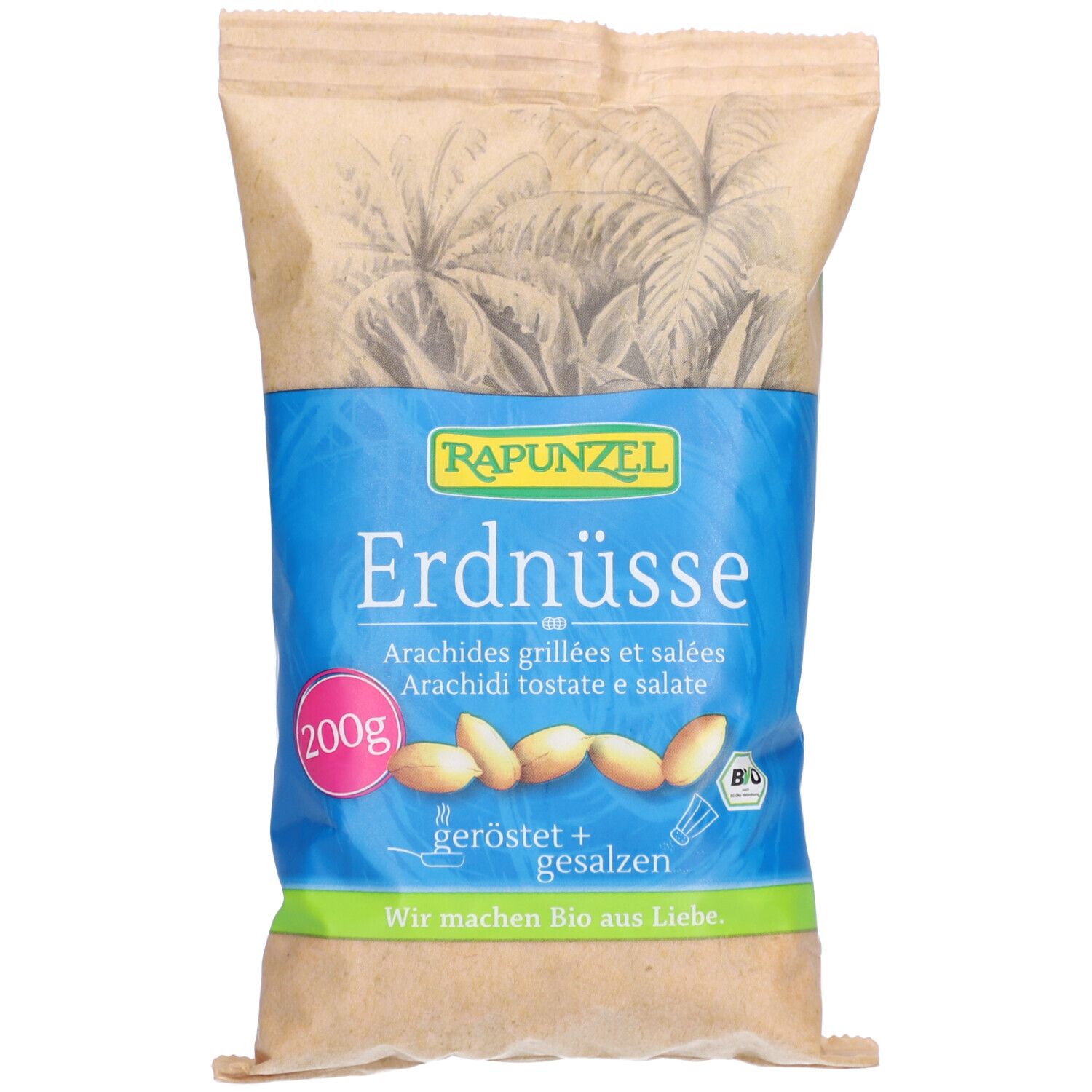 Beutel mit Erdnüssen. Aufschrift: Rapunzel, Erdnüsse geröstet und gesalzen. Bio-Siegel. 200g.