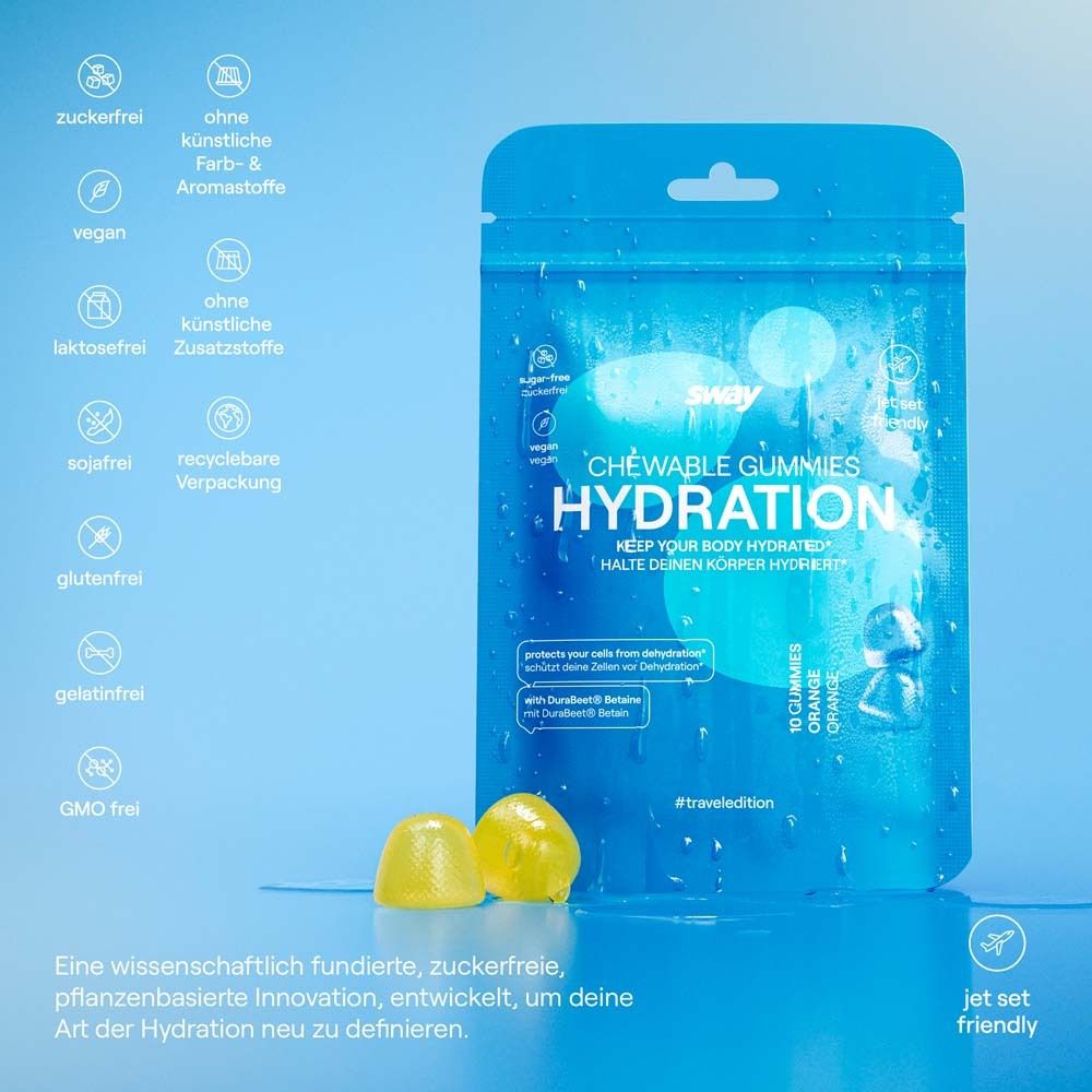 Blaue Verpackung mit "sway CHEWABLE GUMMIES HYDRATION". Enthält 10 Orangen-Gummis. Viele Symbole. "Jet set friendly".