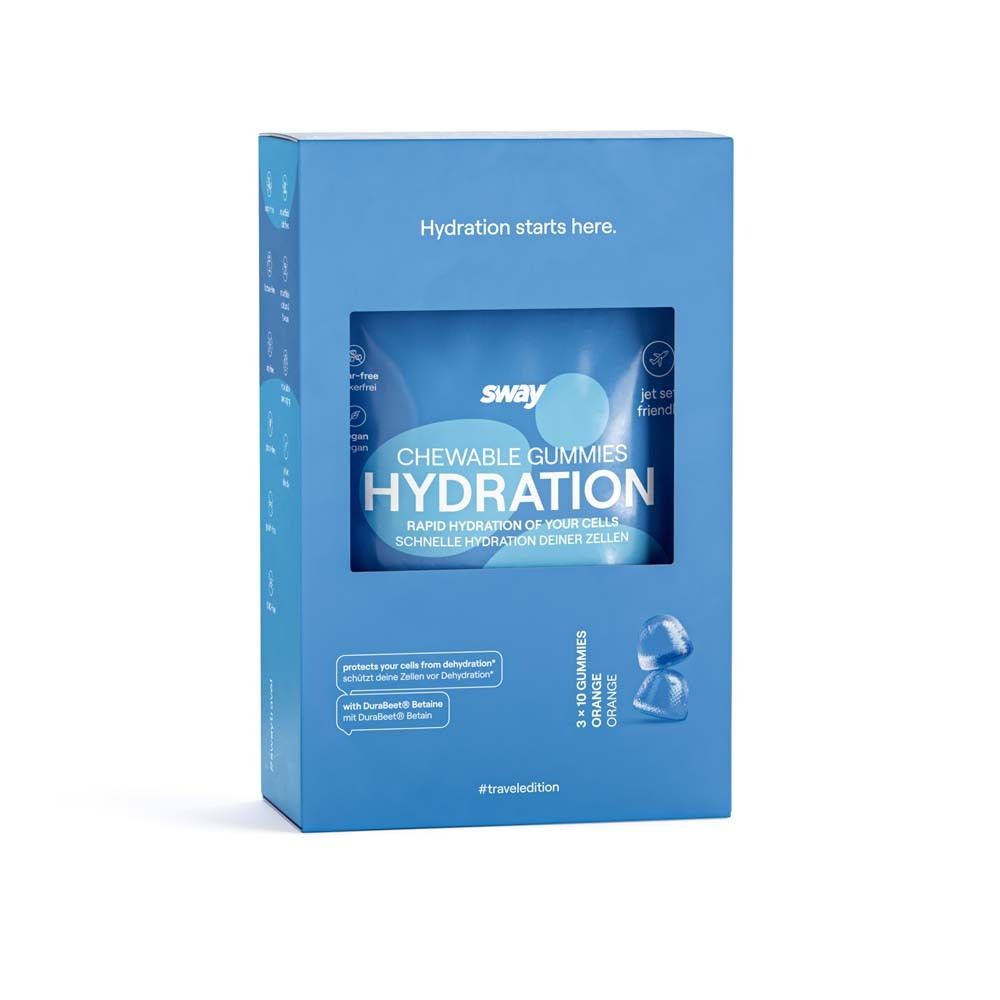 Blauwe doos met 'sway' en 'Hydration' tekst. Bevat kauwgummies. 3 x 10 gummies, sinaasappel. #traveledition.